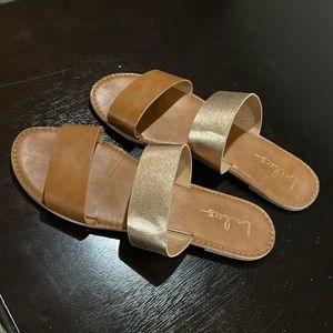 Lulu’s Time to Chill Tan and Rose Gold Slide Sandals